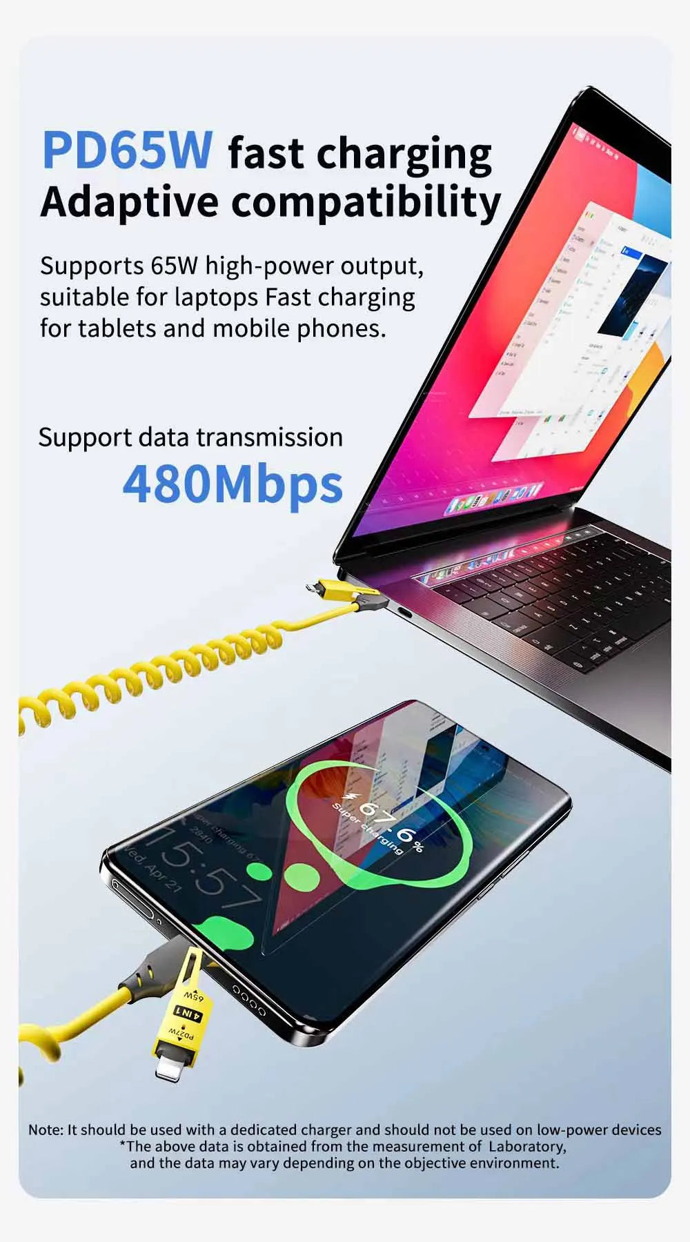 4 in 1 PD 27W 65W Fast Charging Spring Cable USB Type C To Type C And Lightning Data Cable Wire For iPhone 15 16 Samsung Xiaomi