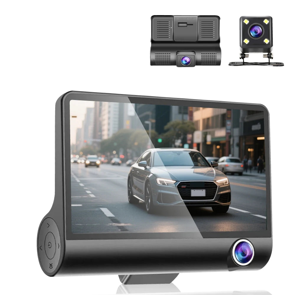 DashCam Car 3Cameras DVR 4Inch Fhd 1080P Auto Video Recorder Three-Lens With Rear View Camera Night Vison Registrator Black Box