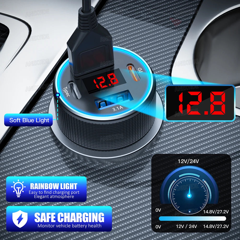 4 Port 126W Metal USB C Car Charger with Voltmeter, 2 USB-C & 2 USB-A Fast Charging Cigarette Lighter Adapter for iPhone Samsung