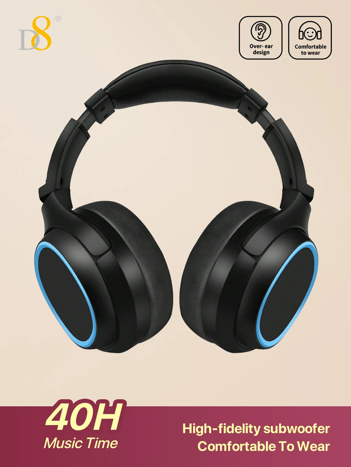D8 Over Ear Headphones, Wireless and Wired Headset Built-in Microphone, Micro SD Card Slot - (Stealth) 40H Playtime