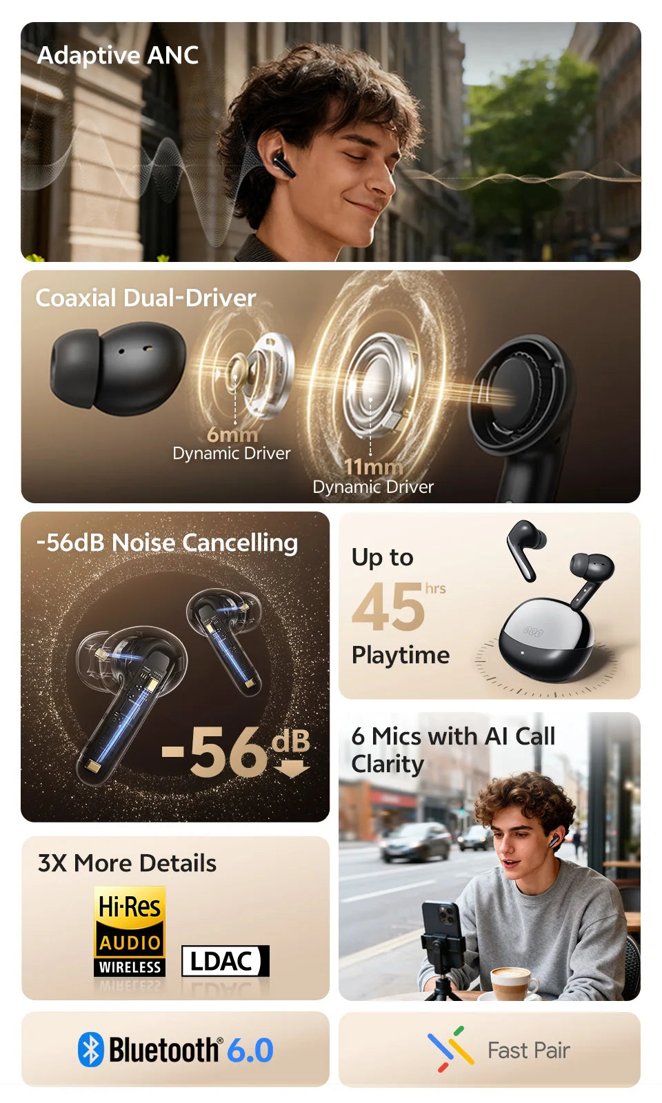 QCY MeloBuds N60 HT19 Wireless Bluetooth 6.0 Earphones 56dB Hybrid ANC LDAC Hi-Res Audio with Coaxial Dual Driver Earbuds 45Hrs