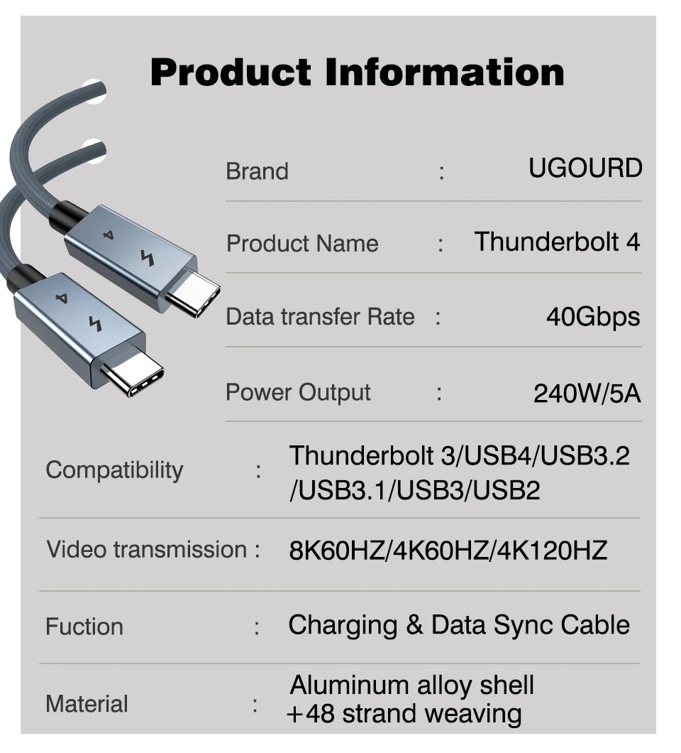 40Gbps Thunderbolt4 Type C 240W USB4 Fast Charging Cable 0.2m - 2m 3m Thunderbolt 3 USB C Data Transfer Cable 8K for MacBook Doc