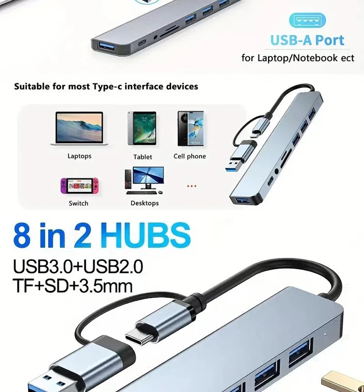 8 In 1 USB Type-C HUB with Splitter Card Reader USB 3.0 2.0 SD/TF Splitter Card Reader Docking Station for HUAWEI Xiaomi PC