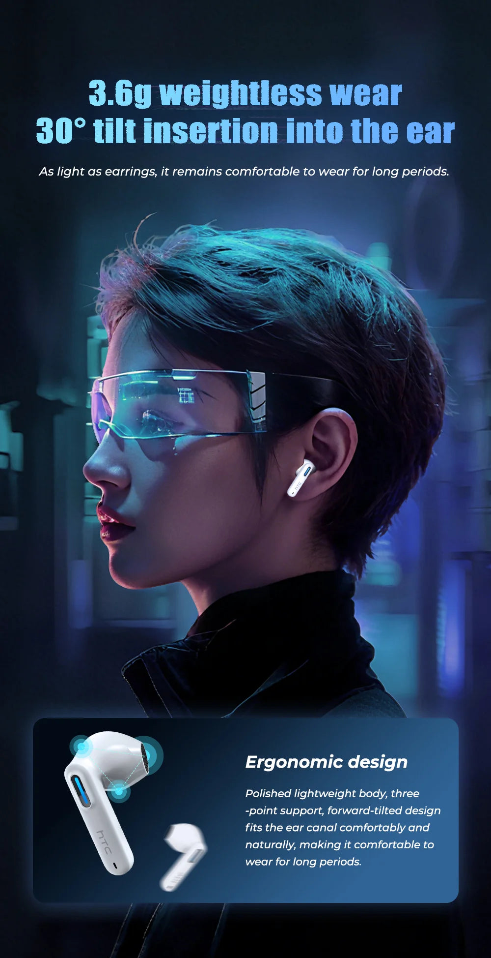 HTC Wireless Bluetooth Earphones Low Latency Gaming Headphones USB-C 30Hrs Playback Comfortable Earbuds With Noise Canceling Mic