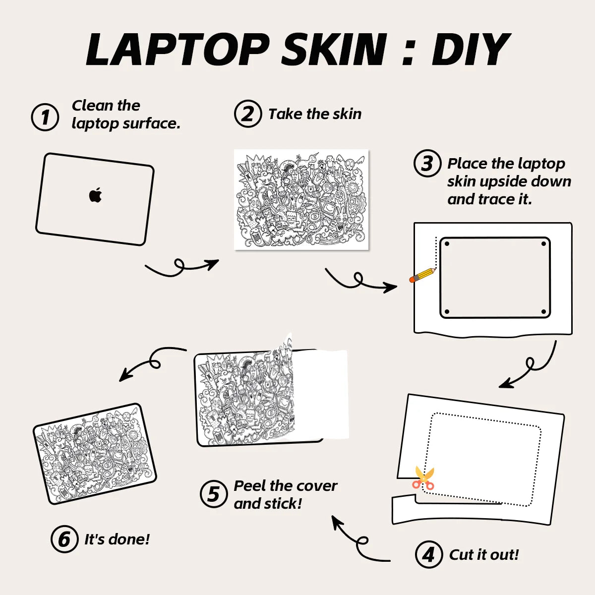 2Pcs Black White Doodle Laptop Skin, Waterproof Vinyl Graffiti Laptop Decal Art Stickers for MacBook HP Dell Universal Laptop