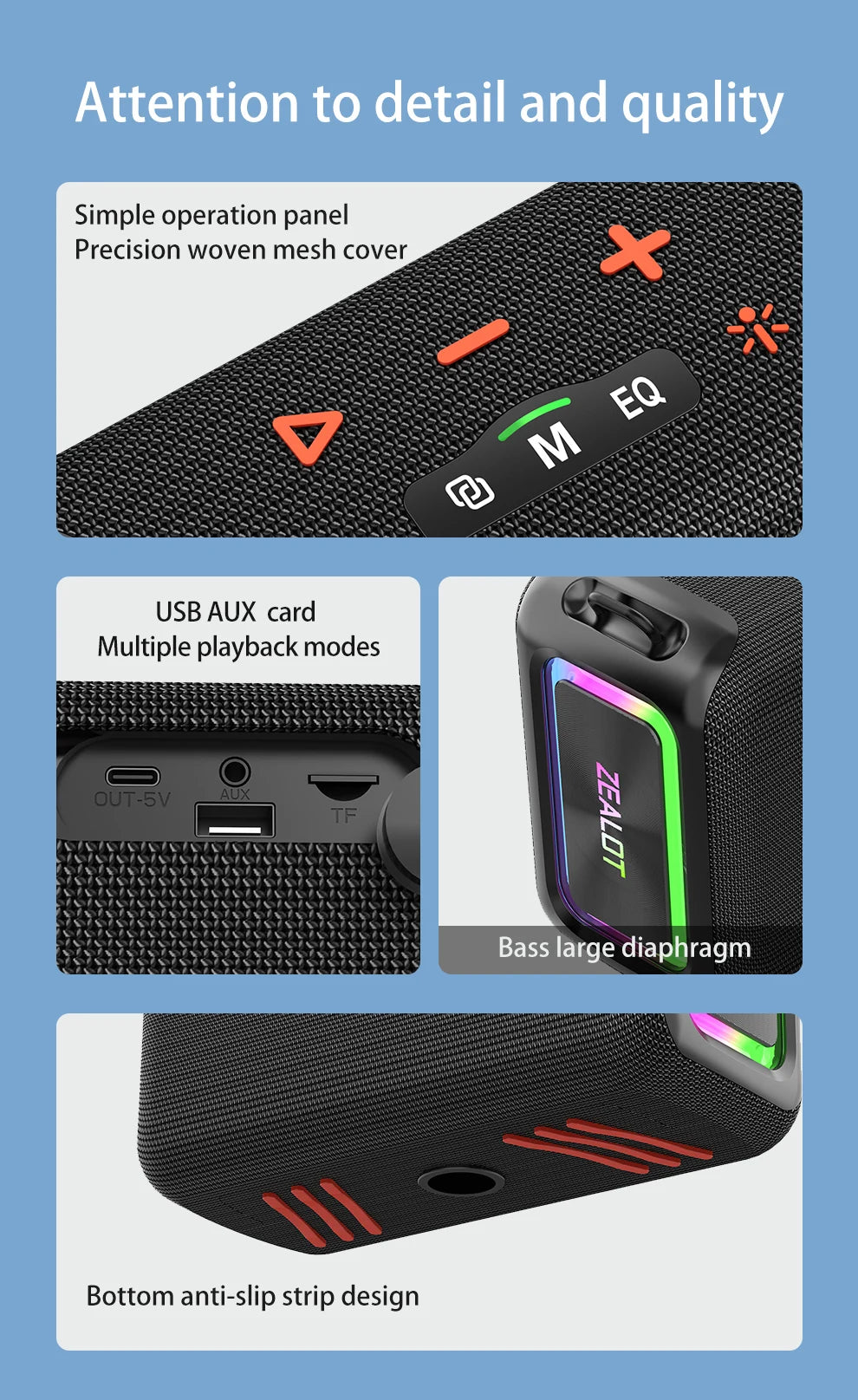 ZEALOT S95 120W Portable Bluetooth Speaker High Volume Waterproof 24000mAh Wireless TWS Subwoofer Suporrt USB/TF/AUX RGB Light.