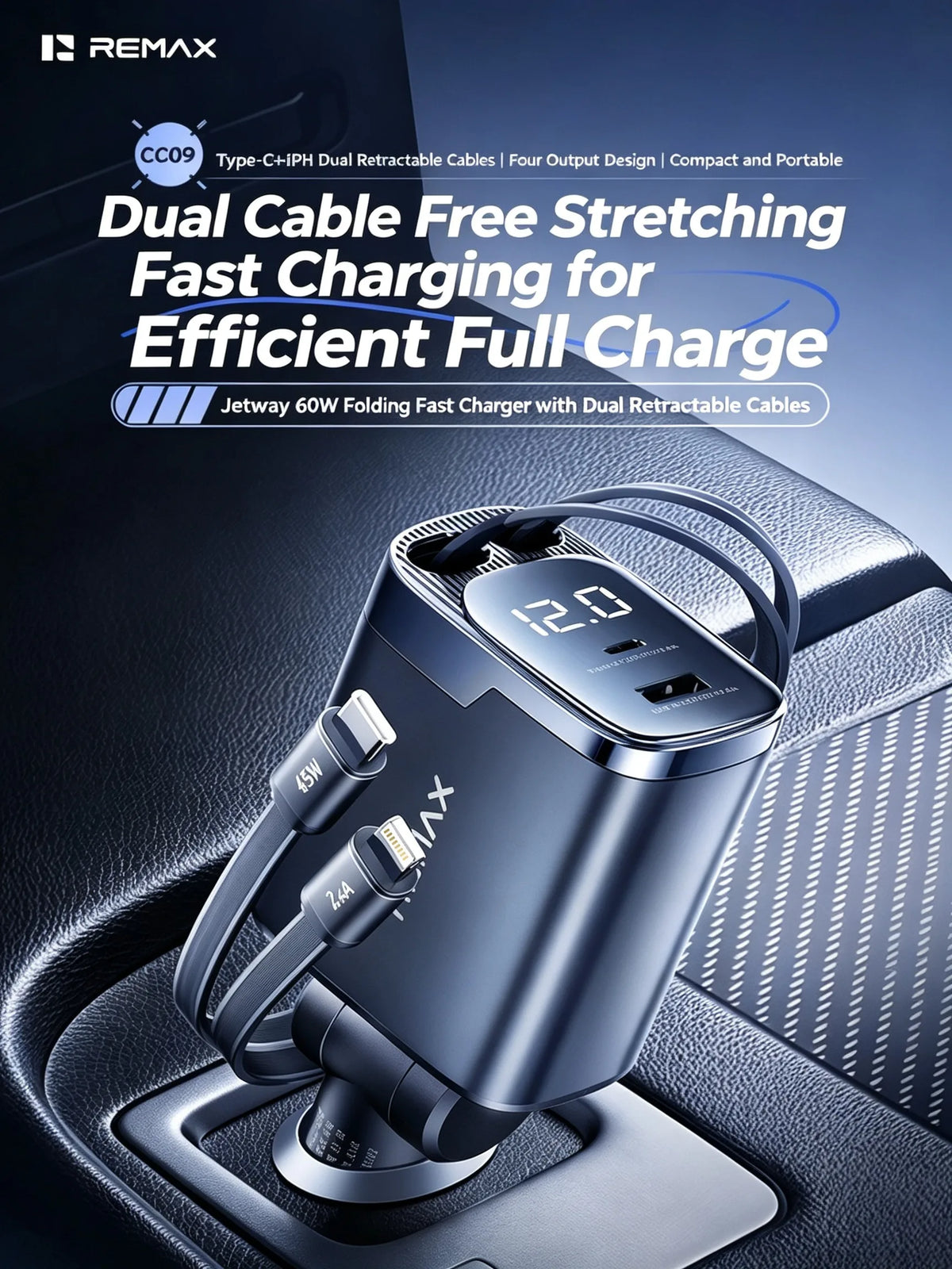 REMAX 60W Dual Retractable Cable Foldable Car Charger PD45W 4 Ports Voltage Display Fast Charging For Laptop Tablet Phone