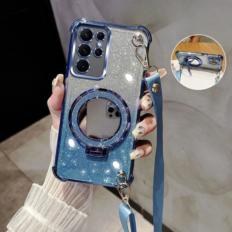 Crossbody Lanyard Glitter Shockproof Plating Case For Samsung Galaxy S25 S24 S23 S22 S21 S20 Ultra FE Plus Mirror Holder Cover