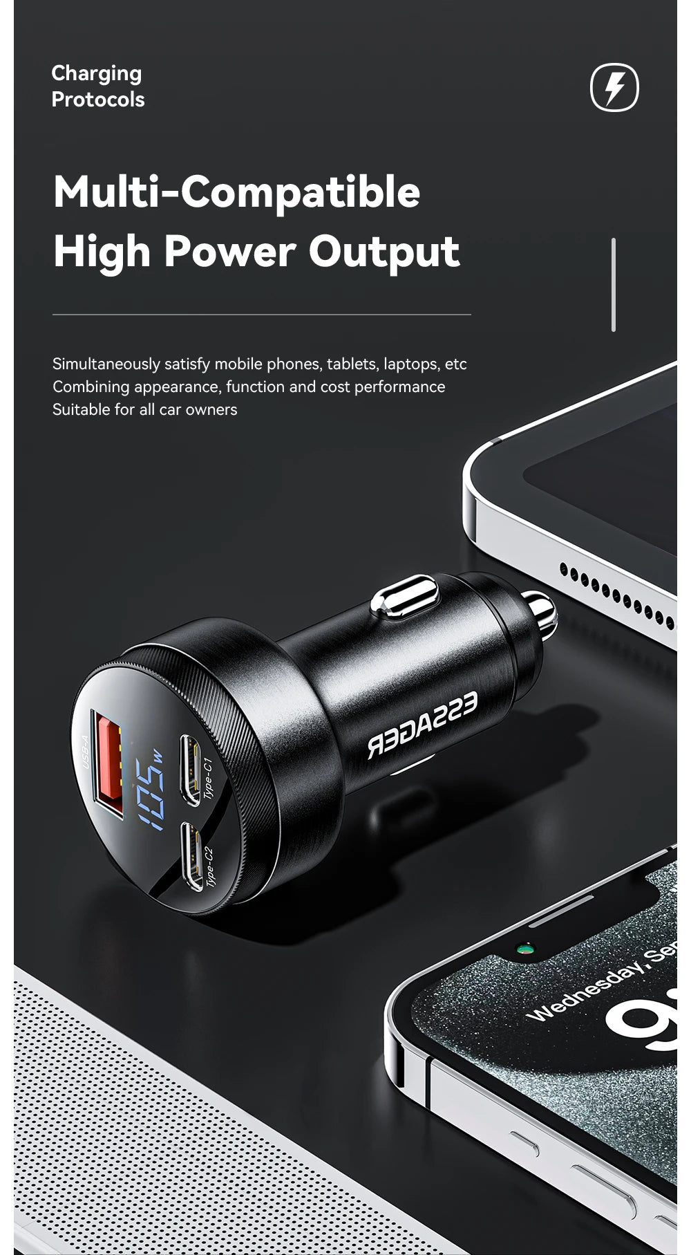 Essager USB C Car Charger 105W Quick Charge PD3.0 QC4.0 3.0 SCP PPS USB Type C Fast Charging For iPhone 15 14 13 Samsung Xiaomi