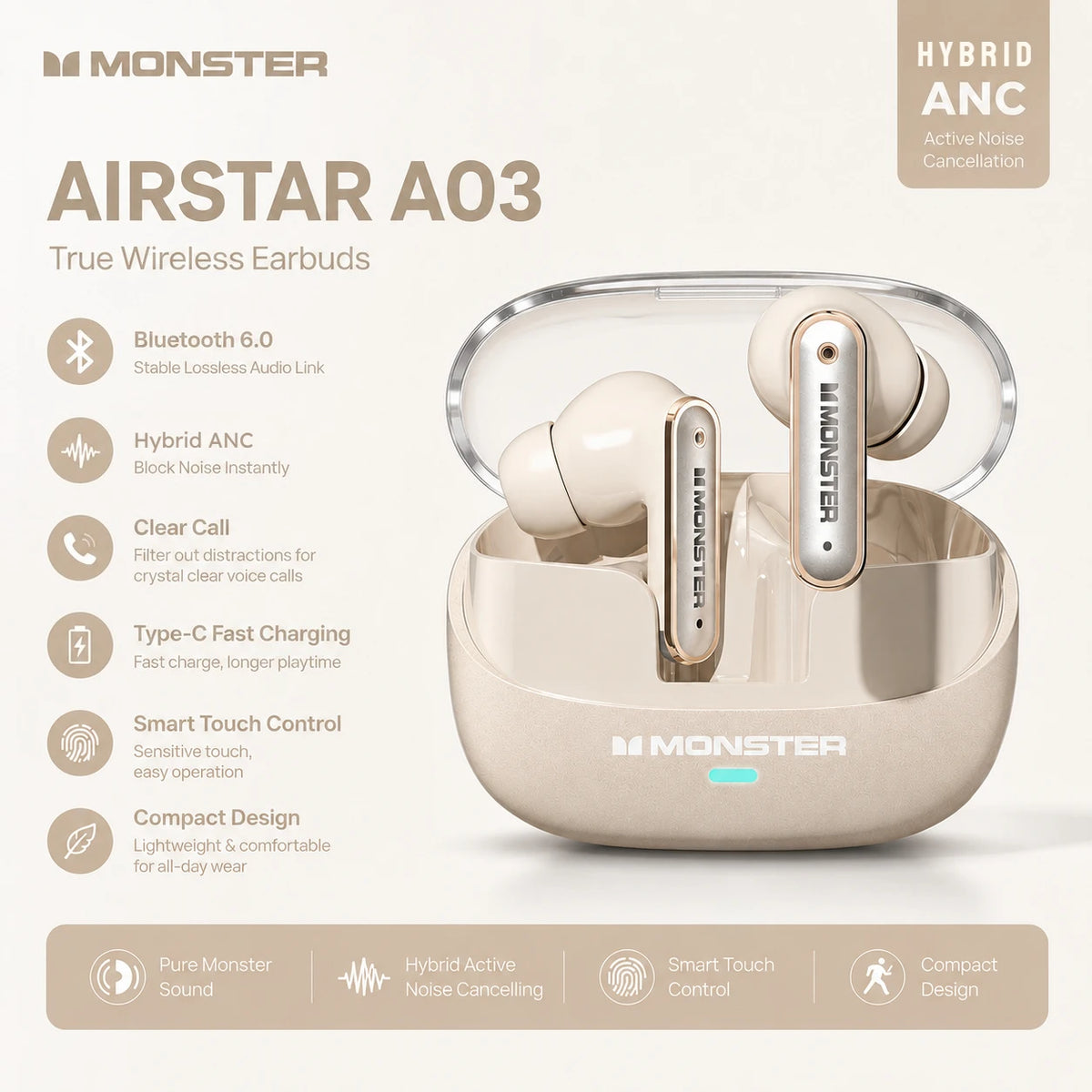 Monster Airstar A03 ANC Bluetooth 6.0 Earbuds Punchy Deep Bass Sports Headphones Active Noise Cancellation TWS Wireless Earphone