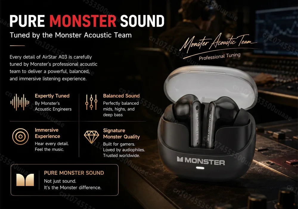 Monster Airstar A03 ANC Bluetooth 6.0 Earbuds Punchy Deep Bass Sports Headphones Active Noise Cancellation TWS Wireless Earphone