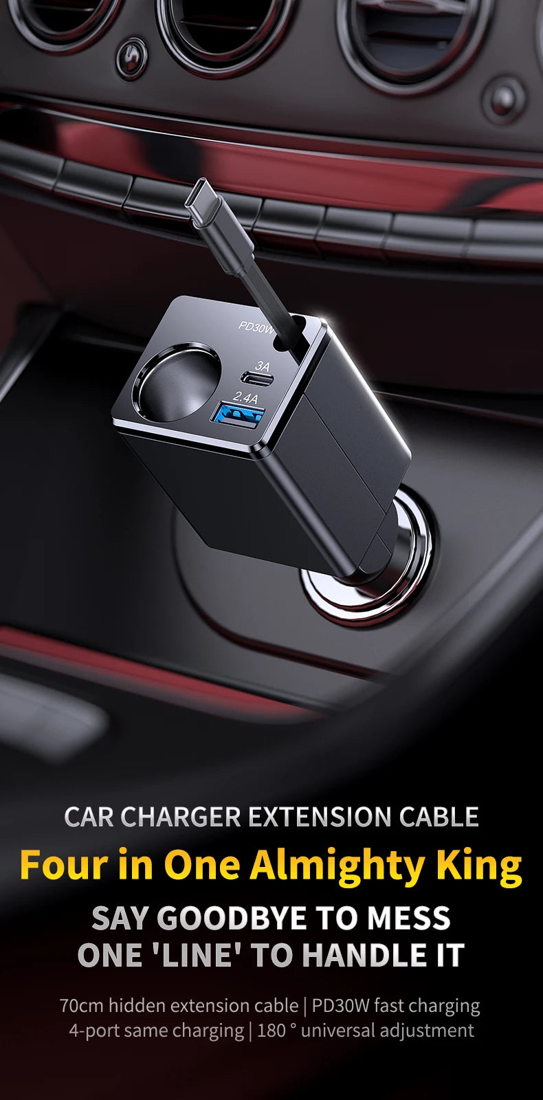 Universal Car Charger 128W Super Fast Charging Cigarette Lighter with Built-In USB-C Retractable Cable for Fast Charging