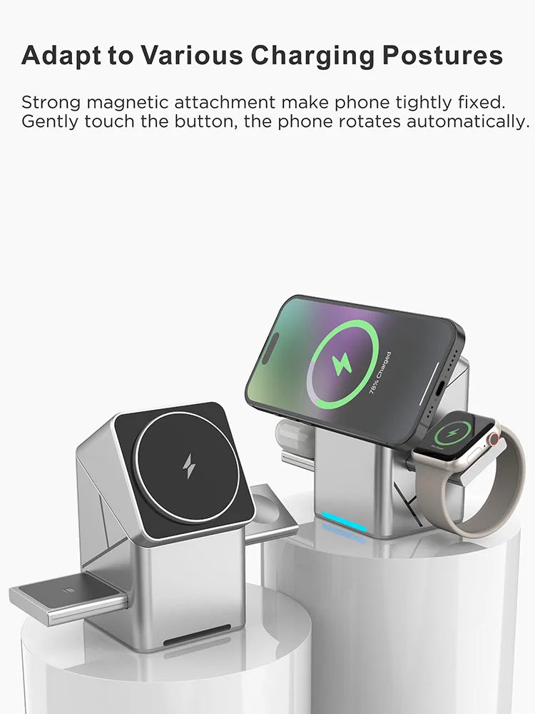 Rotating Qi2 3in1 15w Magnetic Wireless Charger Stand For iPhone 16 15 14 13 12 Max iWatch Airpods Fast Charging Dock