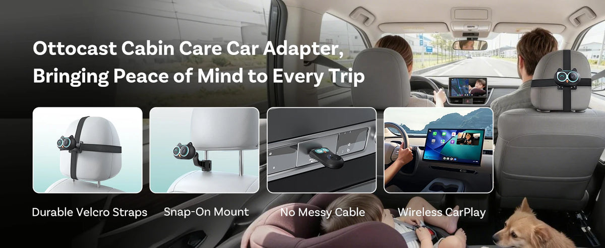 OTTOCAST Cabin Care Baby Car Camera Wireless Carplay Adapter 1080P 150° Wide Angle Night Vision Back‑Seat Monitor Easy Install