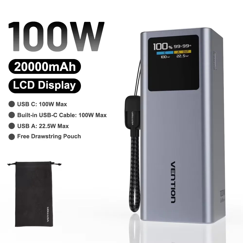 Vention 100W 20000mAh Power Bank PD External Battery PowerBank for iPhone 17 Fast Charging With USB-C Cable TFT Digital Display
