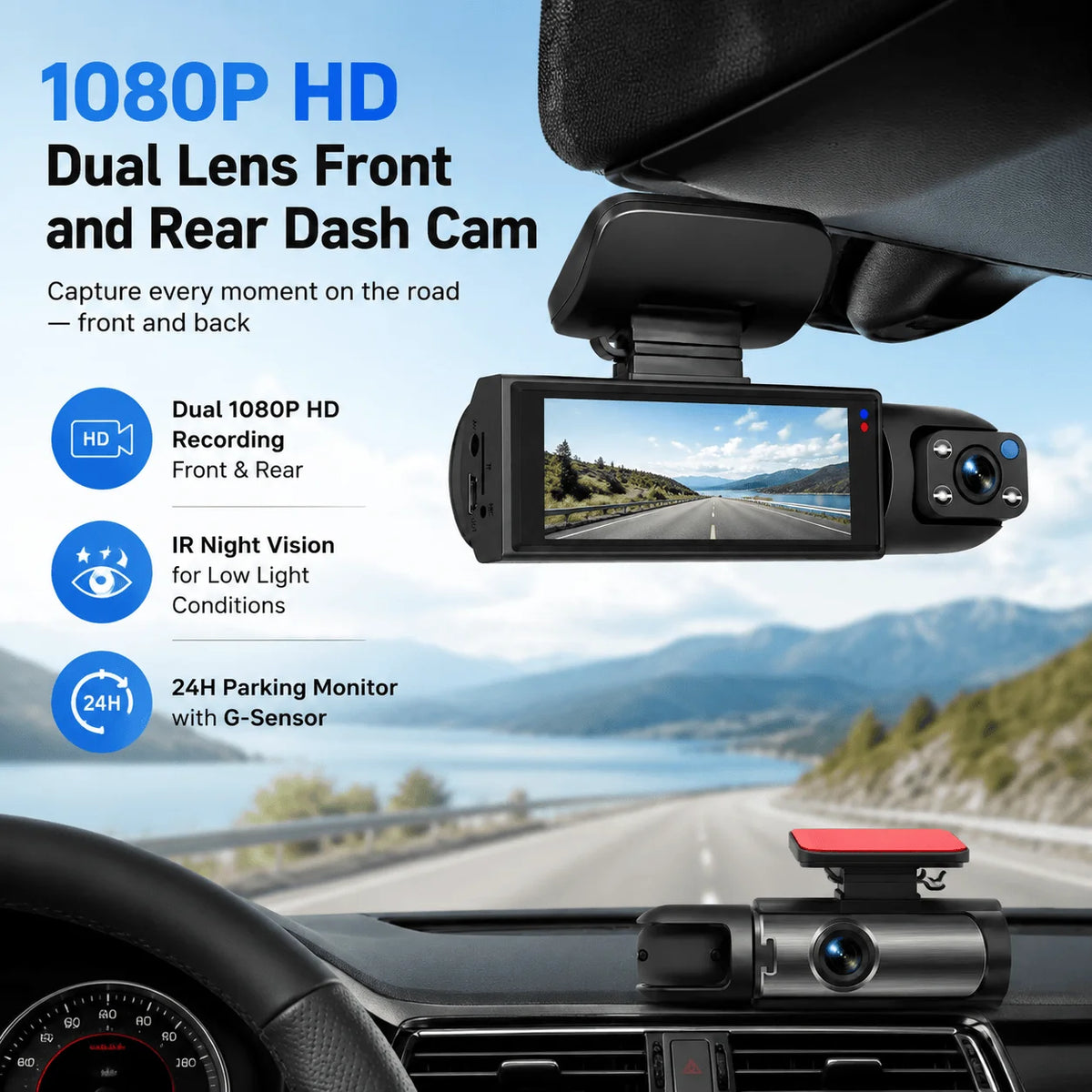 1080P HD Dual Lens Front and Rear Car Dash Cam Driving Recorder IR Night Vision G Sensor Parking Mode Motion Detection Three Point One Six Inch IPS Screen Wide Angle Loop Recording Supports One Hundred Twenty Eight GB Max H26