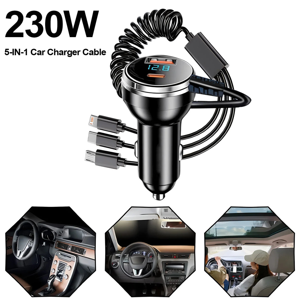230W Car Charger PD QC 3.0 Fast Charging 3‑in‑1 Coiled Cable L-Port Type‑C Micro USB Dual Port Car Phone Charger with LED Displa