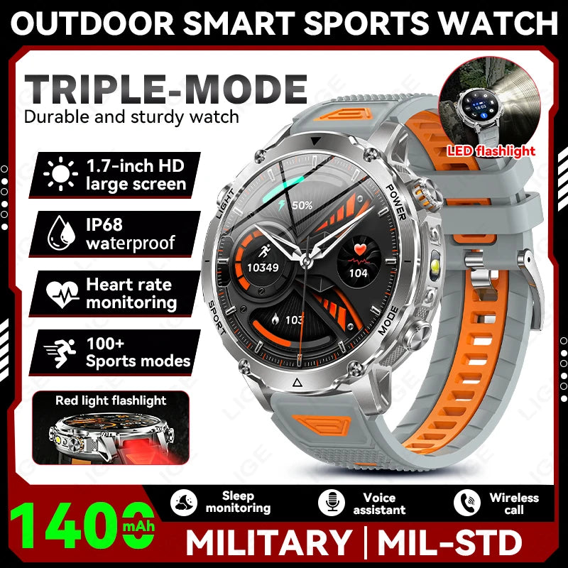 LIGE New 1400mAh Battery Smart Watch Men BT Call Waterproof Heart Rate Monitor Flashlight & SOS Red Light Sports Smartwatch Men