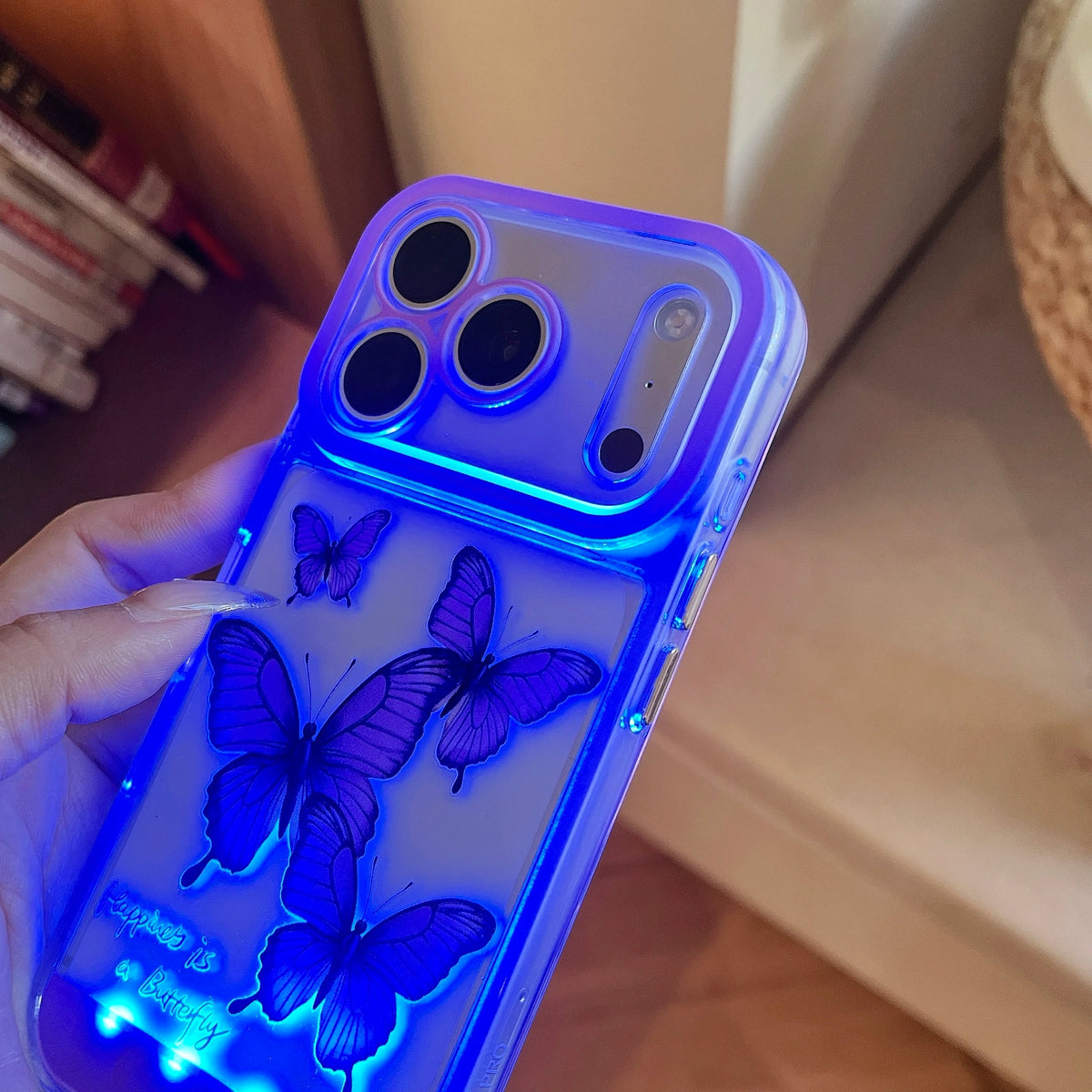 Change Color Luminous Call Light Up Purple Butterfly Pattern Phone Case For iPhone 16 15 13 12 11 14 17 Pro Max Plus Air X XSMax