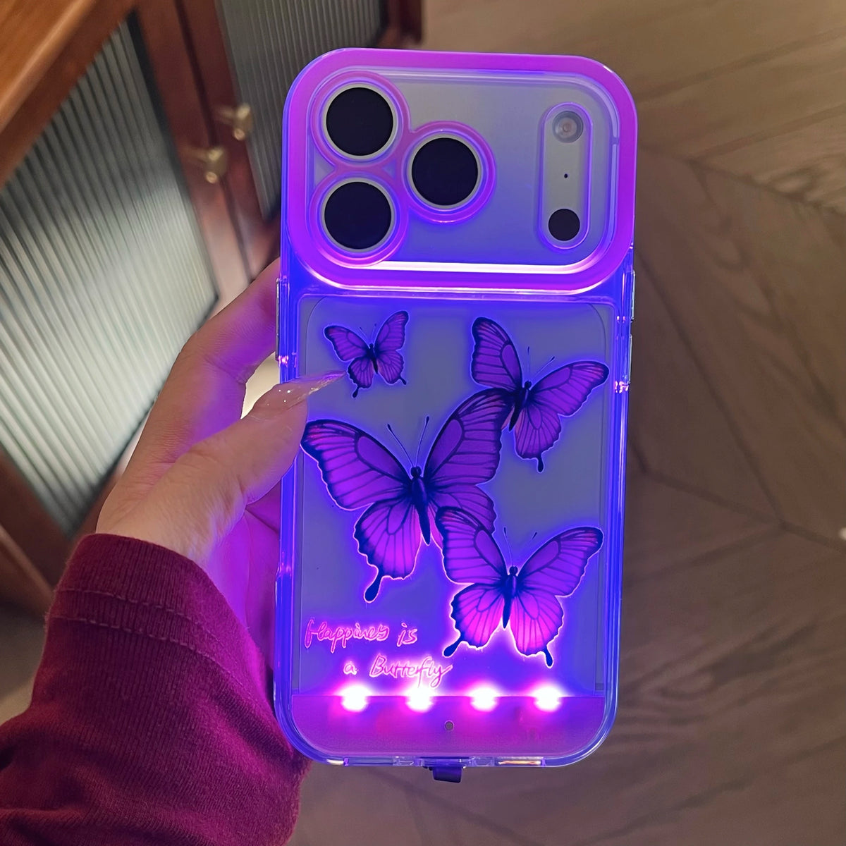 Change Color Luminous Call Light Up Purple Butterfly Pattern Phone Case For iPhone 16 15 13 12 11 14 17 Pro Max Plus Air X XSMax