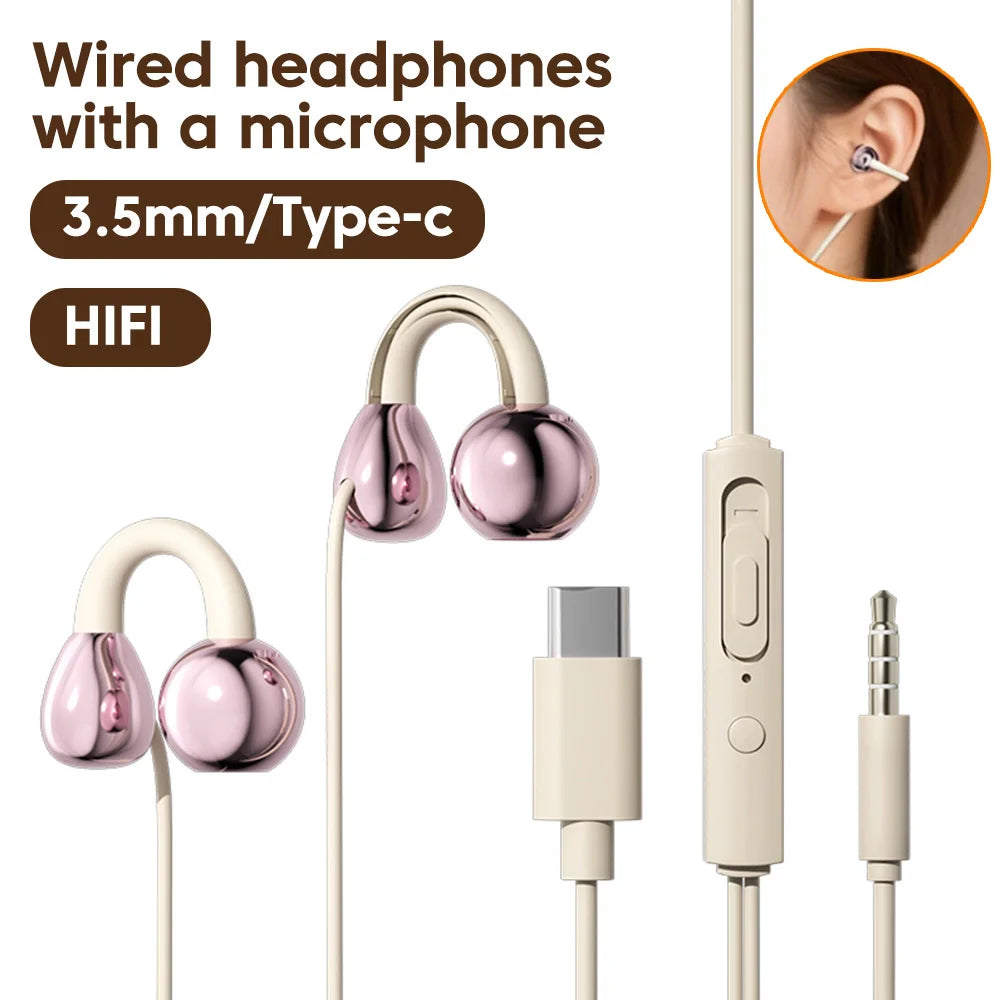 Ear-clip Style Wired Headphones Type-C/3.5mm Wired Earphones With Mic Earclip Earbuds USB C Built in DAC Headset For iPhone17-15