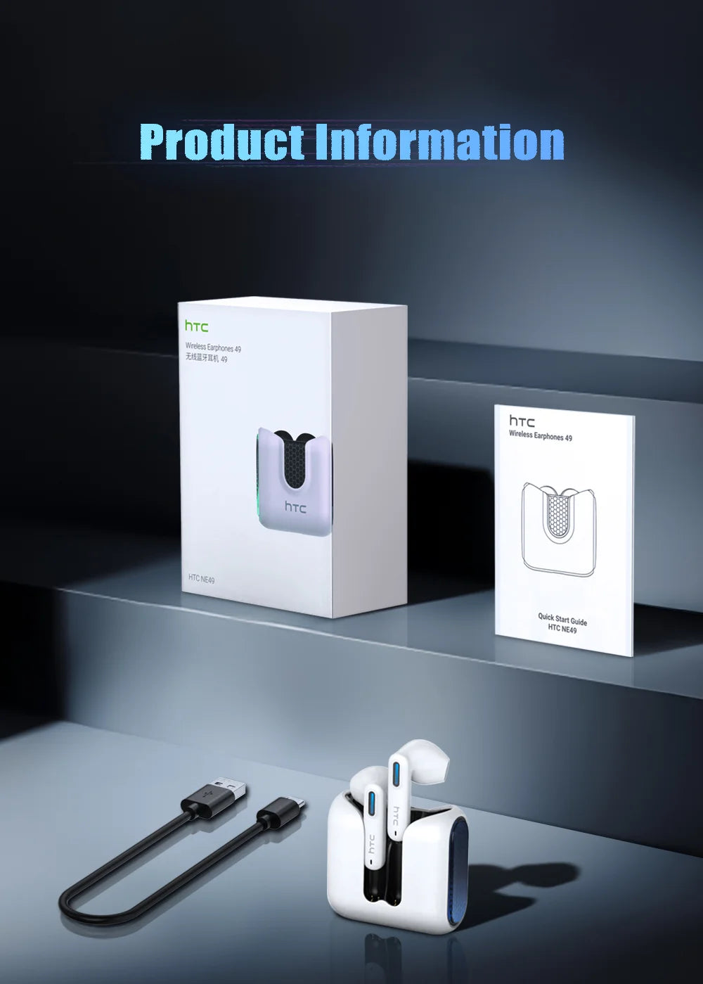 HTC Wireless Bluetooth Earphones Low Latency Gaming Headphones USB-C 30Hrs Playback Comfortable Earbuds With Noise Canceling Mic