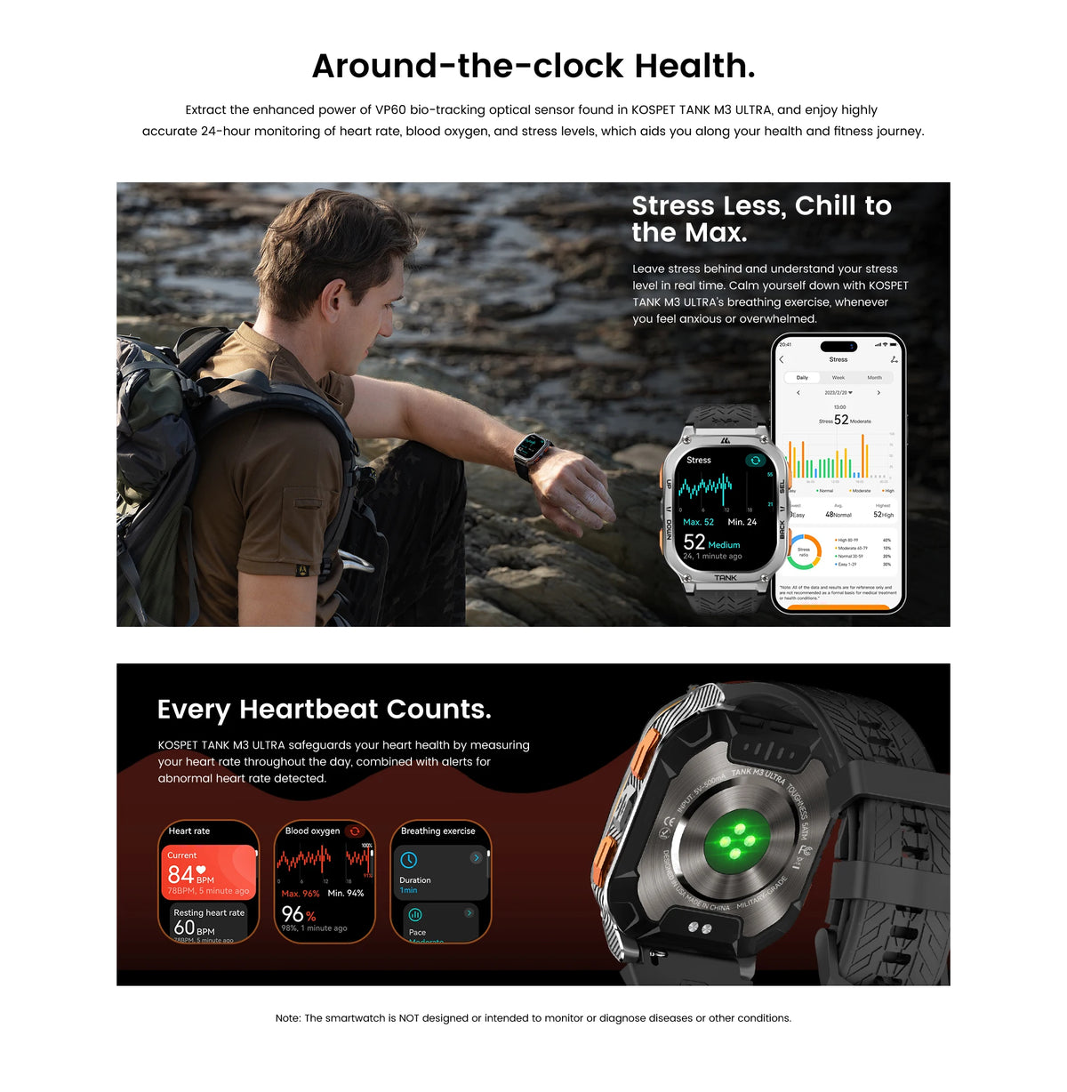 KOSPET TANK M3 Ultra GPS Smart Watch Men Military Grade Compass Altimeter Barometric 480mAh 60Day Battery IP69K 5ATM Waterproof