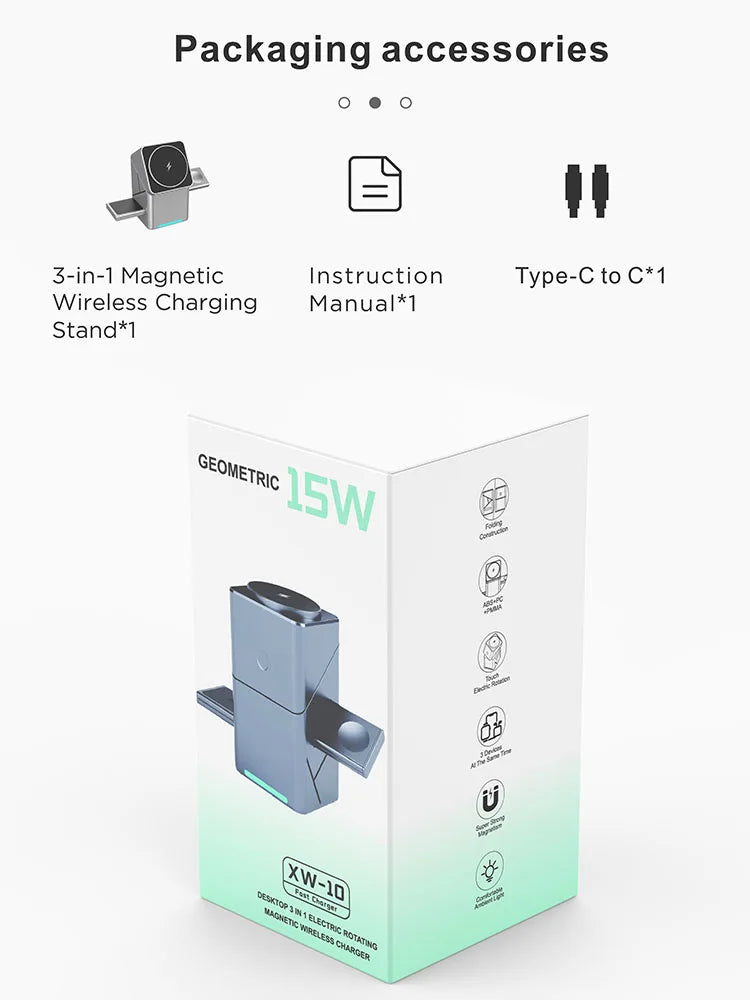 Rotating Qi2 3in1 15w Magnetic Wireless Charger Stand For iPhone 16 15 14 13 12 Max iWatch Airpods Fast Charging Dock