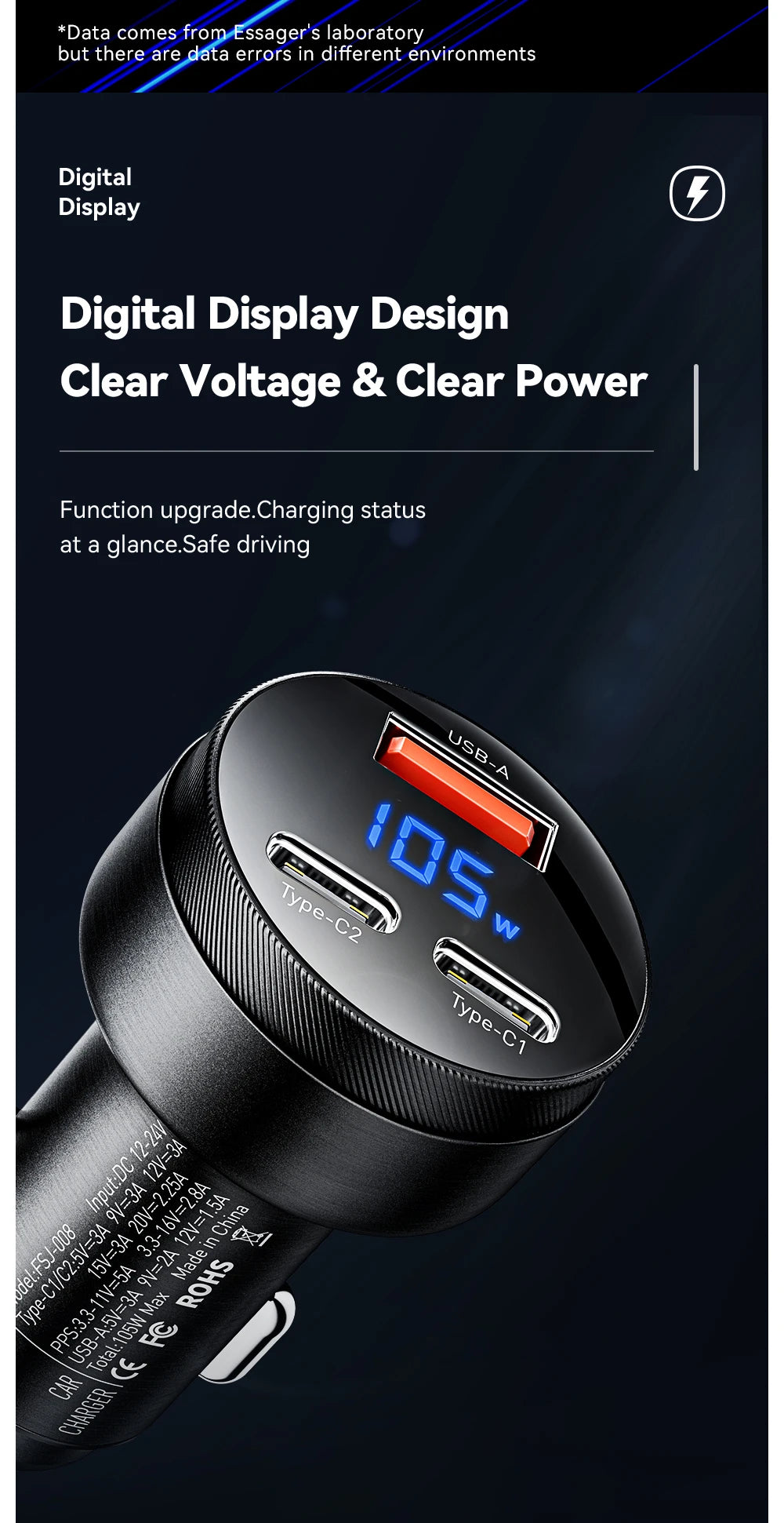 Essager USB C Car Charger 105W Quick Charge PD3.0 QC4.0 3.0 SCP PPS USB Type C Fast Charging For iPhone 15 14 13 Samsung Xiaomi