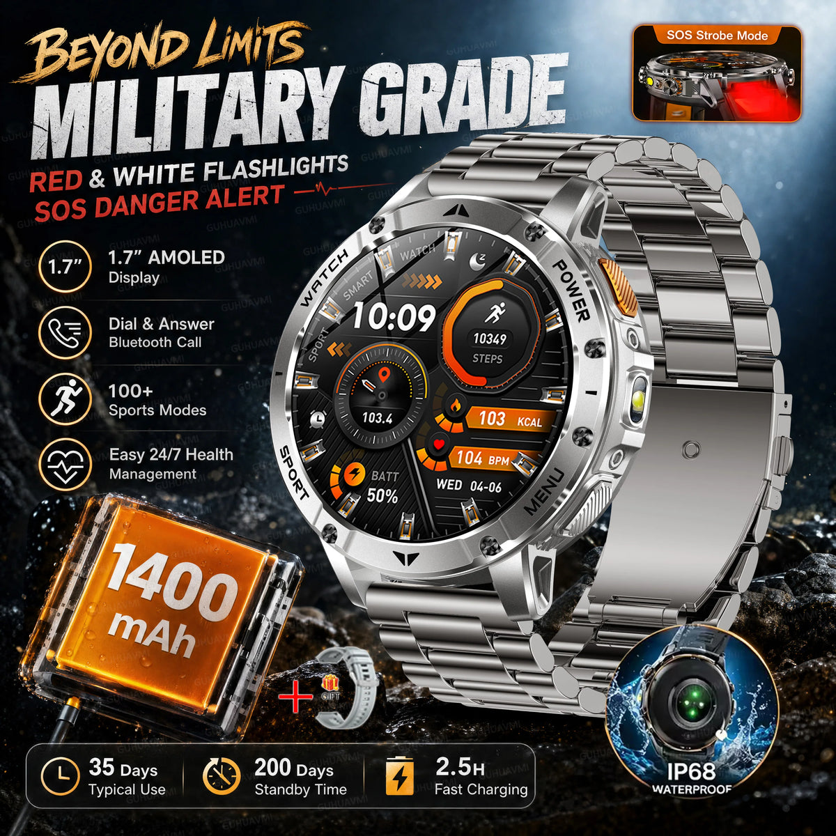 Ultra Large 1400mAh Battery Sport Smartwatch 1.7” Heart Rate Tactical Strong Flashlight 5ATM Waterproof Call Smart Watch For Men