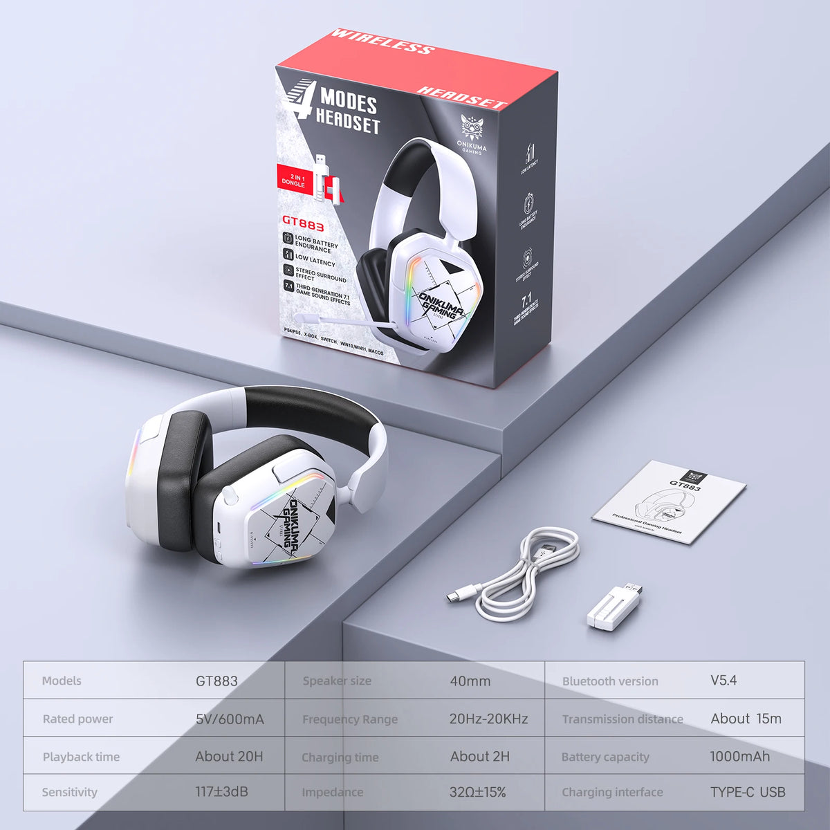ONIKUMA GT883 Wireless Headset Gaming Headphones Four Mode Bluetooth 5.4 2.4G Low Latency RGB Light Foldable Earphones With Mic