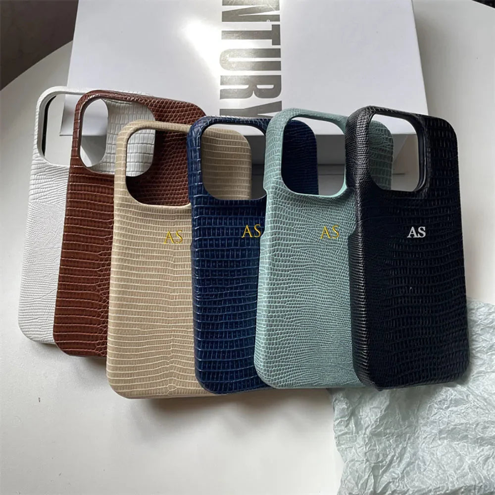 Personalise Gold Initials Letters Leather Case For Iphone 17 Pro Max 16 15 14 13 Pro Max Luxury Lizard PU Hard Cover
