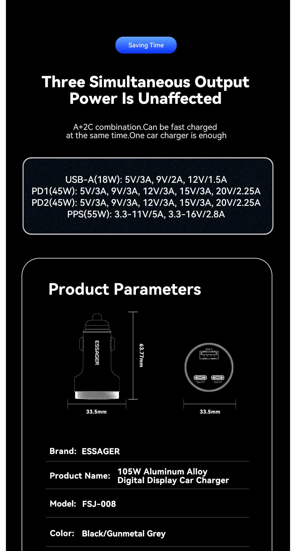 Essager USB C Car Charger 105W Quick Charge PD3.0 QC4.0 3.0 SCP PPS USB Type C Fast Charging For iPhone 15 14 13 Samsung Xiaomi