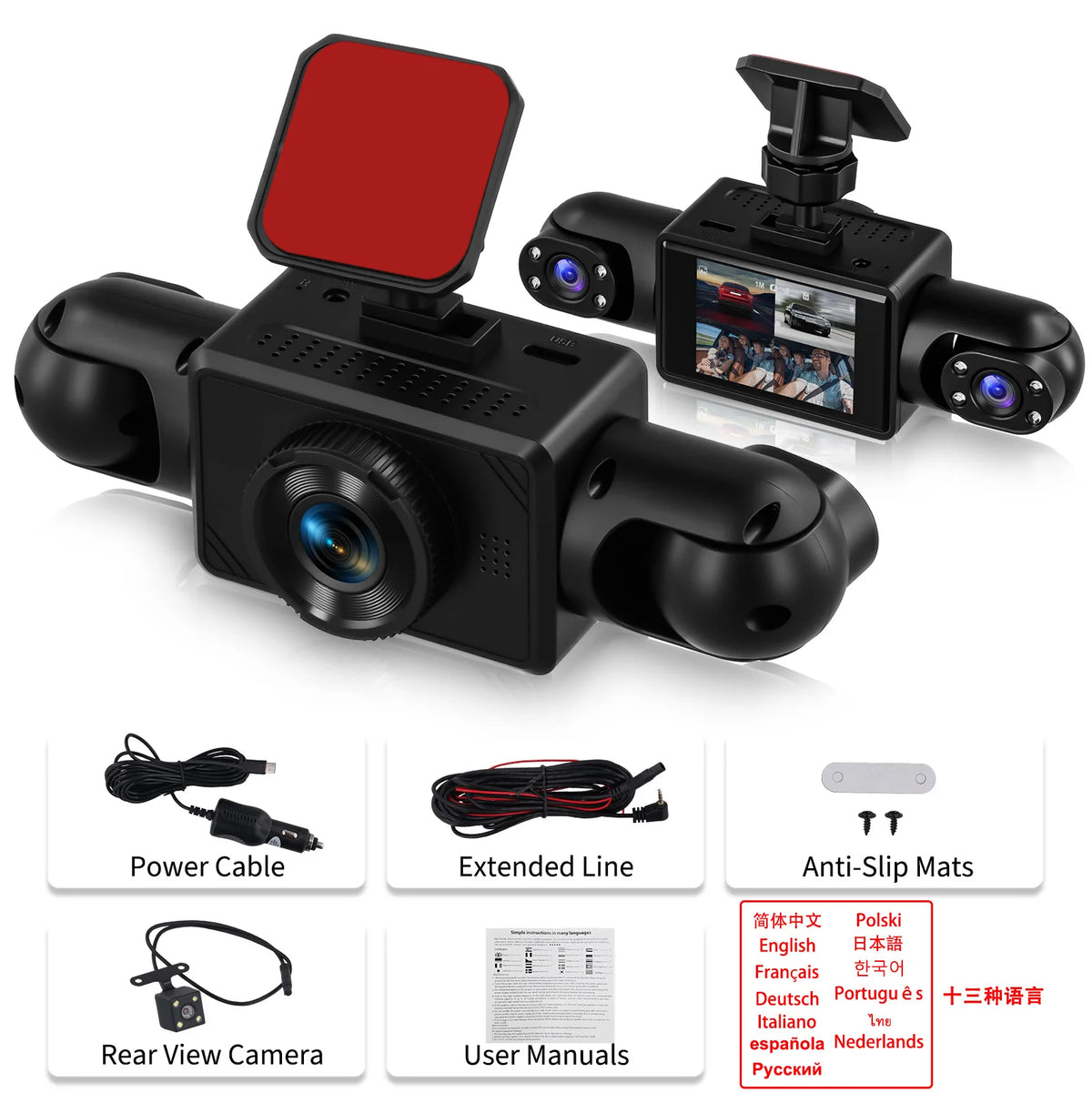 Podofo 2inch 1080P Car Dash Cam with Four High-Definition Cameras, Including 480P Left Interior, Right Interior, and Rear Cameras Loop Recording Add Hardwire Kit Car Accessories Black Box Driving Assistance Camera