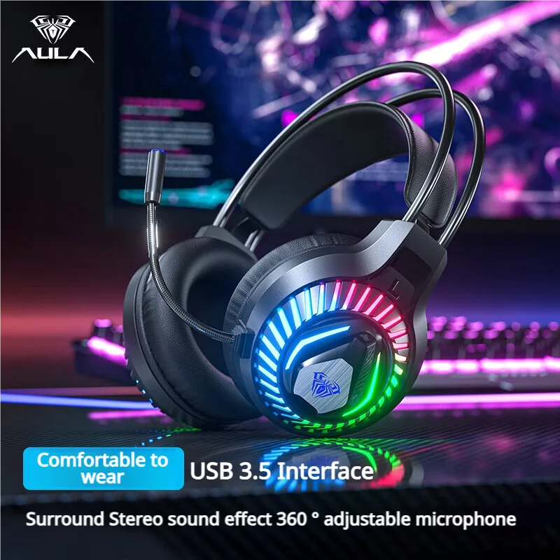 AULA S605 Wired Gaming Headset 50mm Driver Dual 3.5mm+USB RGB Bass for PC/Laptop/PS4/Over-Ear Headphones