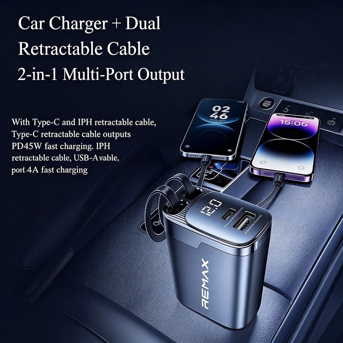 REMAX 60W Dual Retractable Cable Foldable Car Charger PD45W 4 Ports Voltage Display Fast Charging For Laptop Tablet Phone