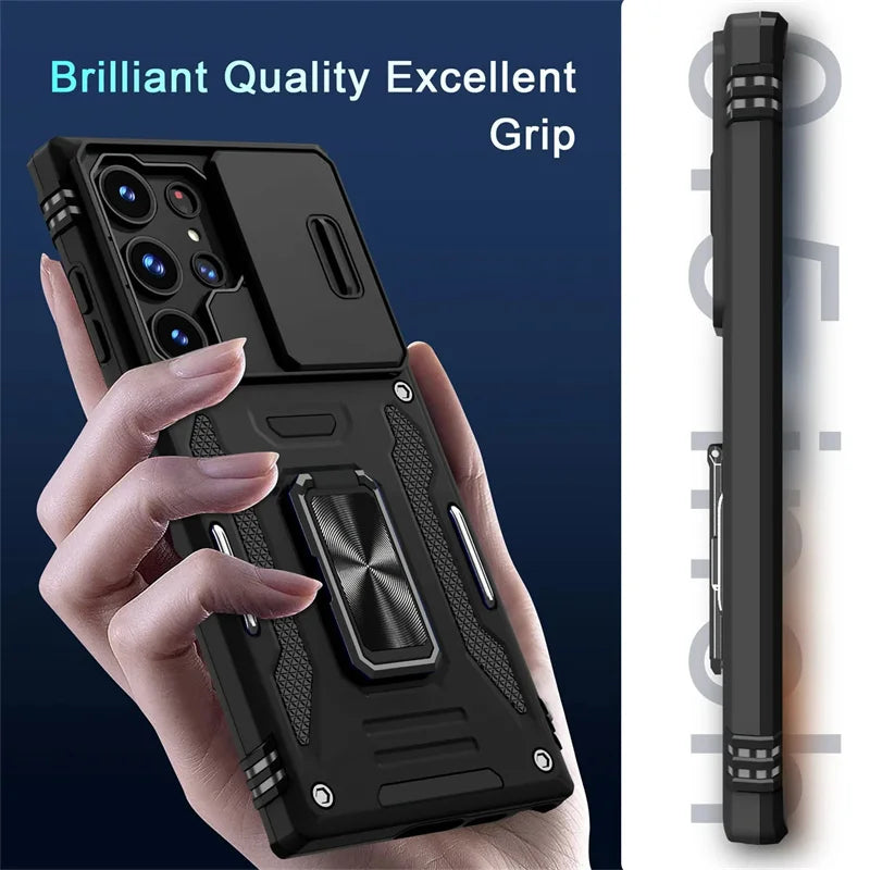 Rotating Ring Stand Slide Camera Lens Military Grade Armor Case For Samsung Galaxy S26 S25 S24 S23 S22 S21 Ultra Plus FE Cover