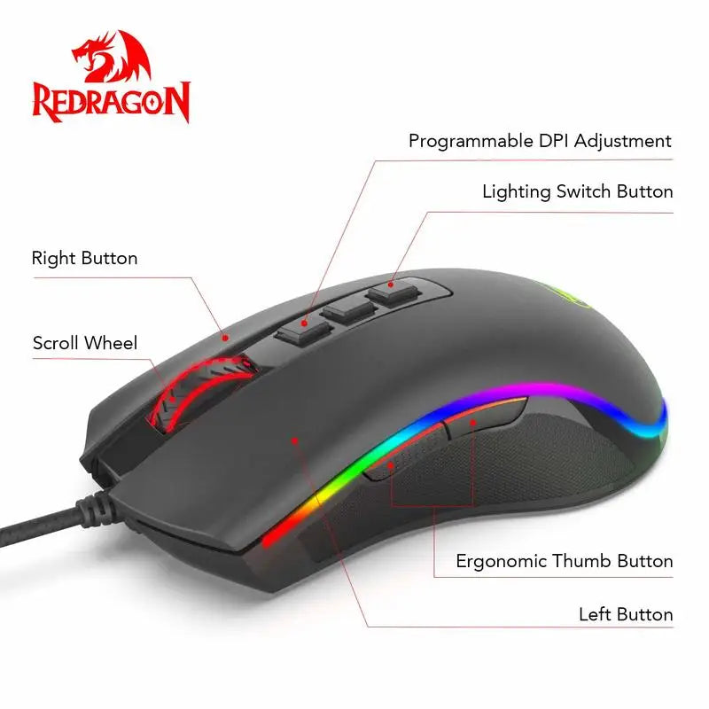Redragon M711 PC Gaming Mice Wired Mouse 7 Programmable Buttons Customizable RGB 10,000 DPI Ergonomic Mouse