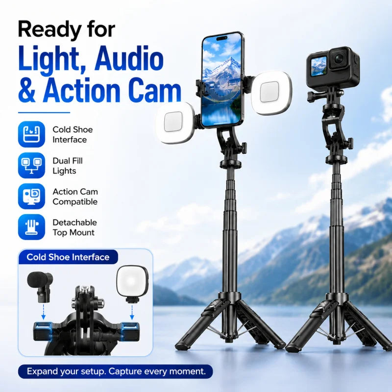 P135 Magnetic Bluetooth Selfie Stick Tripod, Universal Phone Floor Stand with 4-Leg Stable Base, Wireless Remote Photo Shooting,