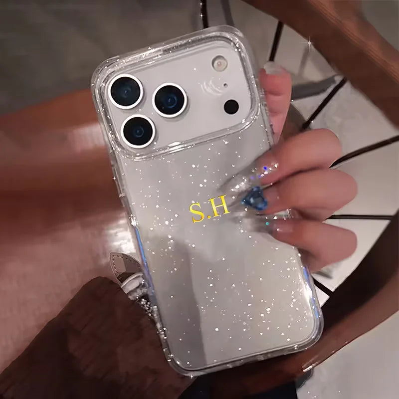 Personalized Custom Name Hot Foil Engraved Transparent With Fine Glitter Phone Case For iPhone 13 14 15 16 17 Pro Max 17 Air