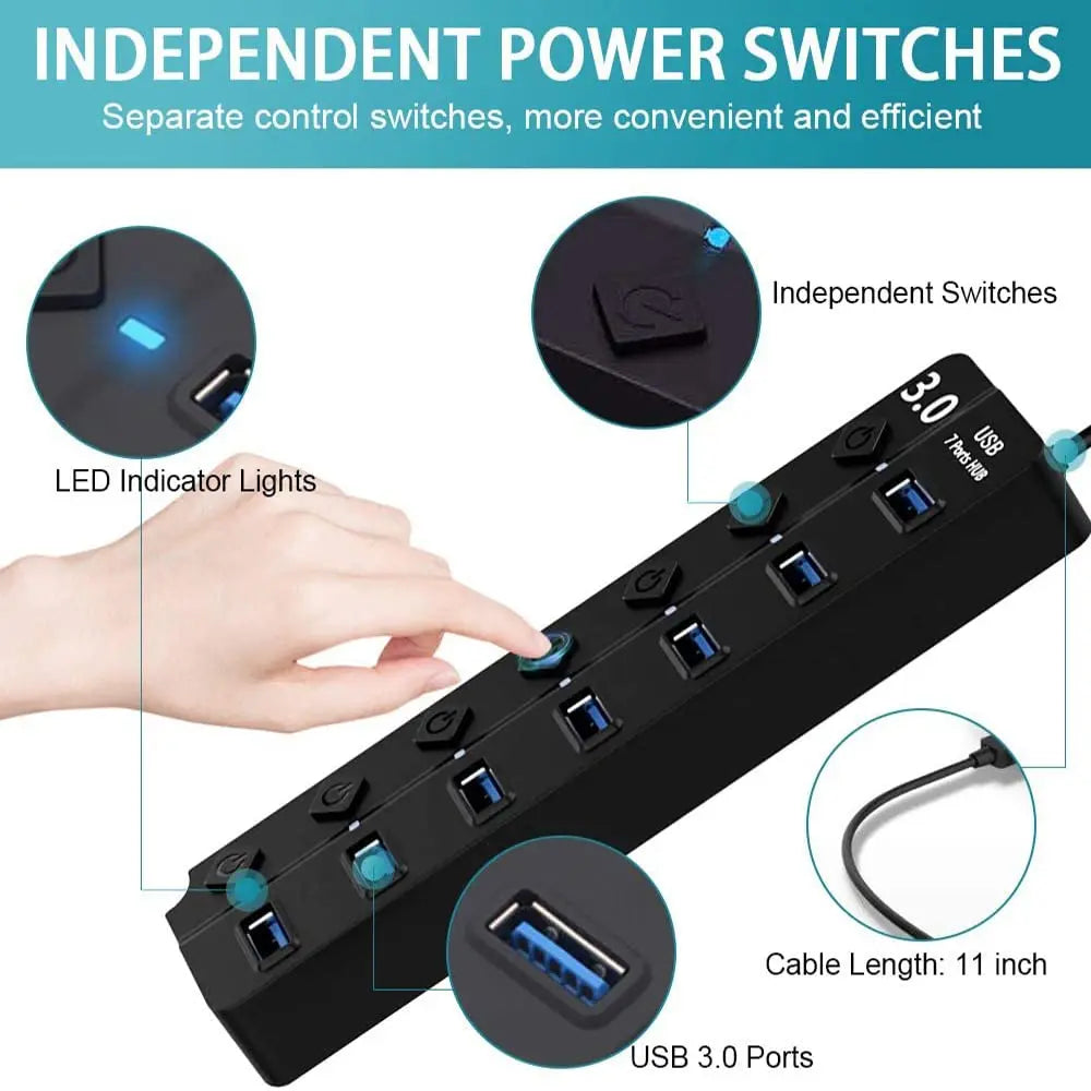 USB Hub 3.0 Multiprise USB High Speed Splitter 7 Port 5Gbps Hub Power Adapter with Switch Long Cable with Multiple Expander Hub