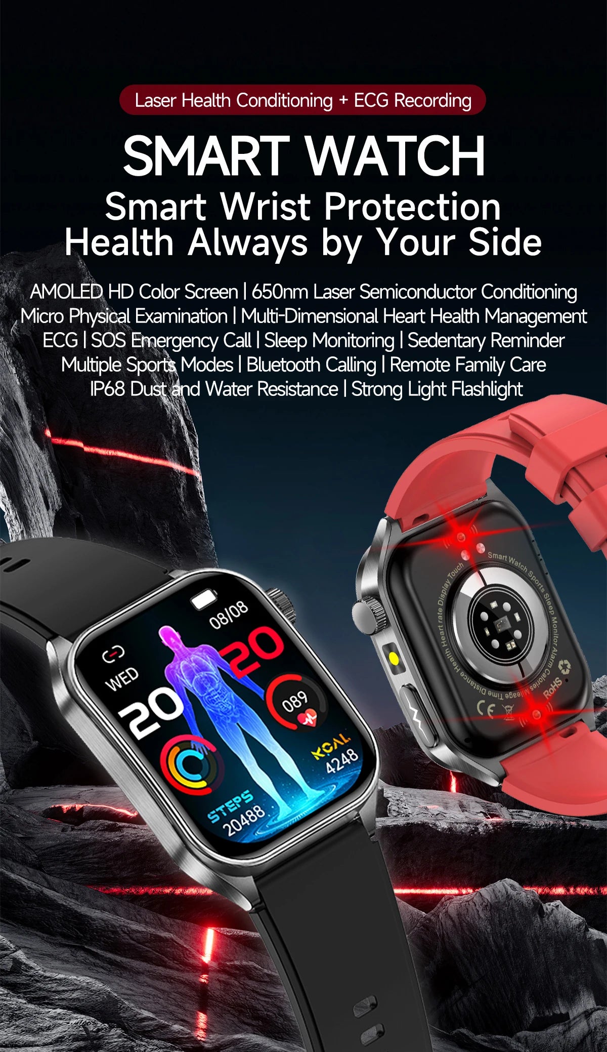 2026 New Health Smart Watch Laser Therapy Reduce Three Highs Blood Oxygen Pressure Uric Acid Blood Lipid ECG Smartwatch For Man