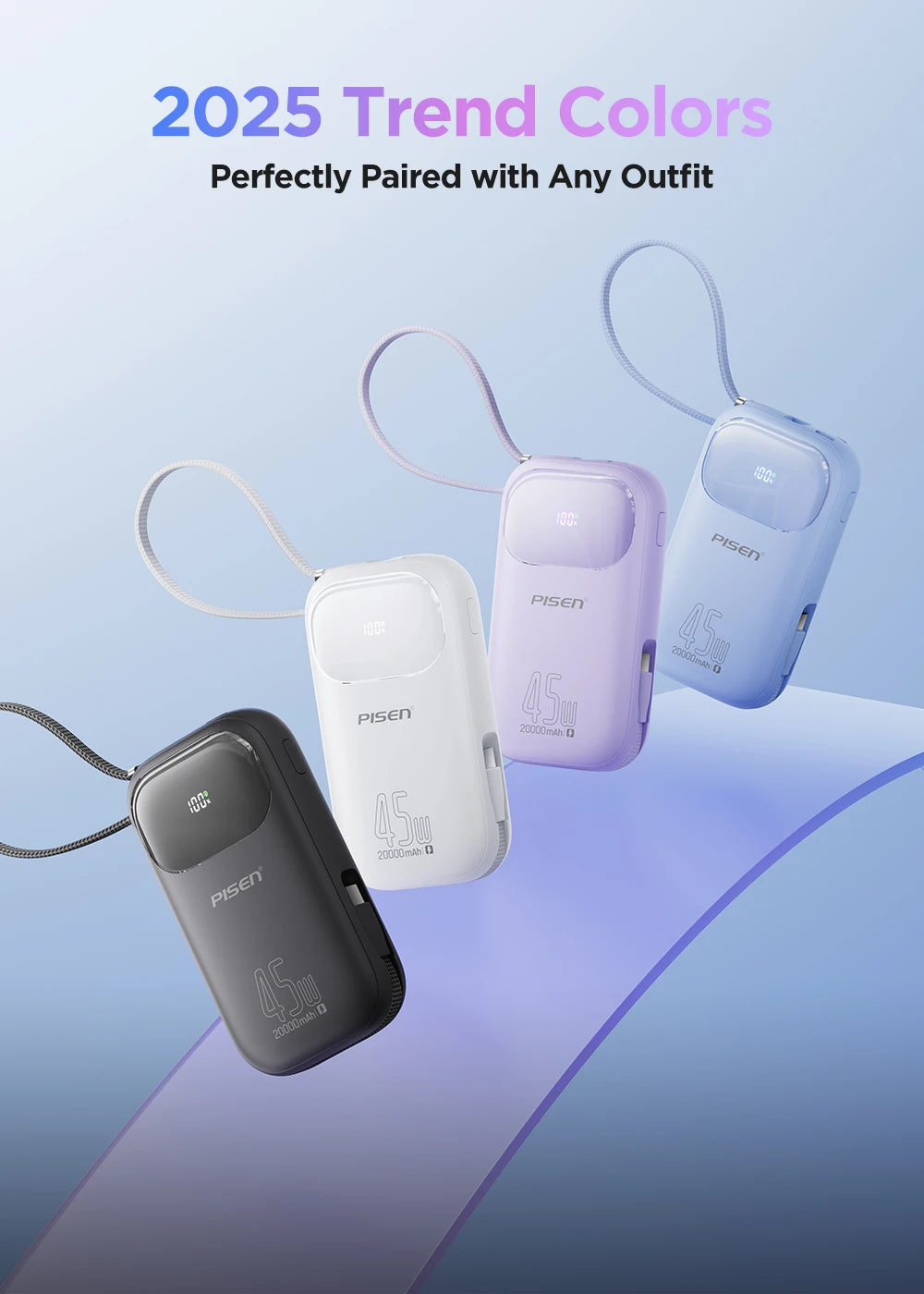 PISEN 45W Fast Charging Power Bank Built-in Dual USB-C Cable 10000mAh/ 20000mAh Mini Portable Powerbank For iPhone 17 Xiaomi