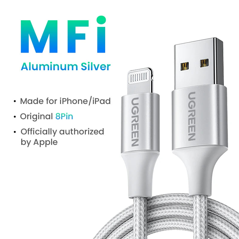 UGREEN MFi For USB Lightning Cable Charger For APPLE iPad iPhone 14 13 11 8 12W Fast charging data Braided short long Carplay 2m