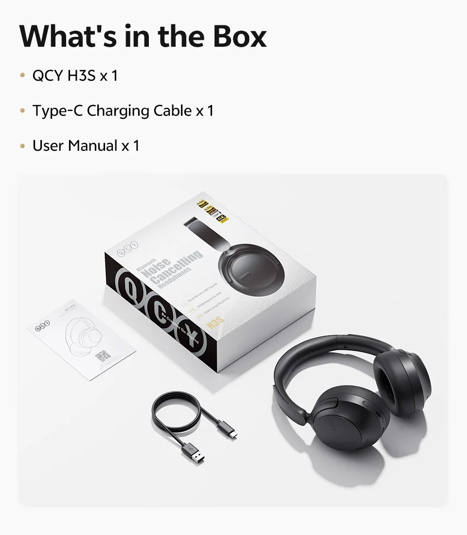 QCY Wireless Bluetooth 6.0 BH25H3SA Headphone 3D Spatial Audio Earphone -56dB Adaptive ANC 53mm Driver Foldable Over Ear Headset