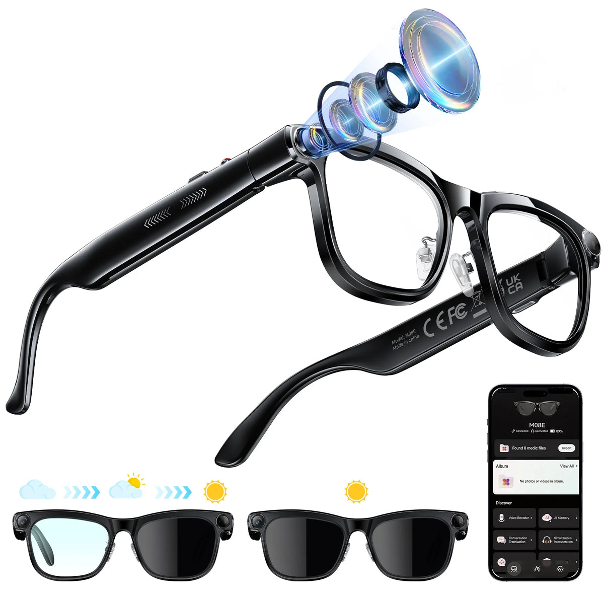 KAIGERR 300mAh Smart Glasses 4K 1300W Pixels Camera Video Recording AI Photo Recognition Bluetooth Call Voice Translation Men Women Sunglasses Smart Devices