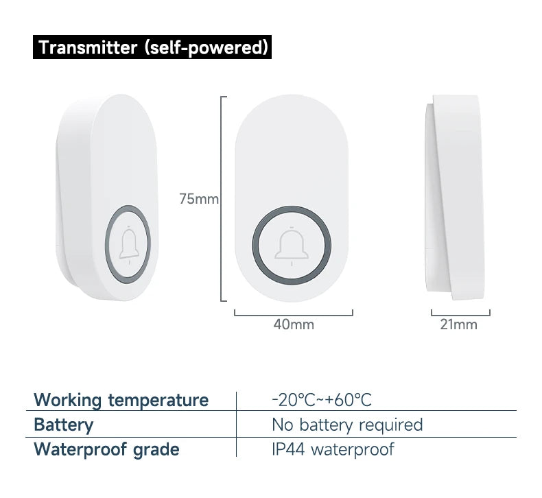 Newest Household High Volume Self Powered Wireless Doorbell US/EU/UK Plug Battery Free 60 Songs Waterproof Kinetic Door Bell