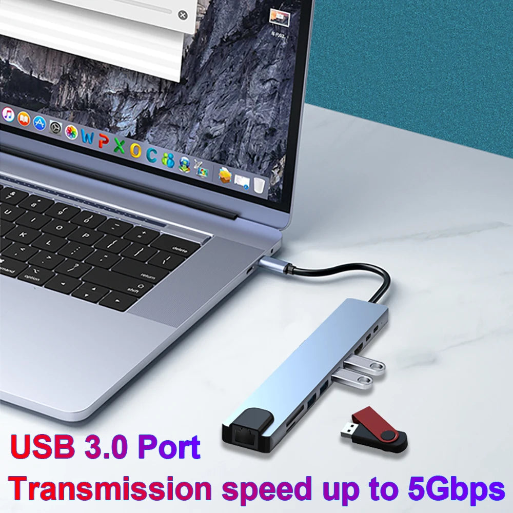 USB C HUB 4K30Hz Docking Station 8-IN-1 USB 3.0 Splitter Type C to RJ45 SD/TF Card Reader for MacBook Notebook Laptop Computer