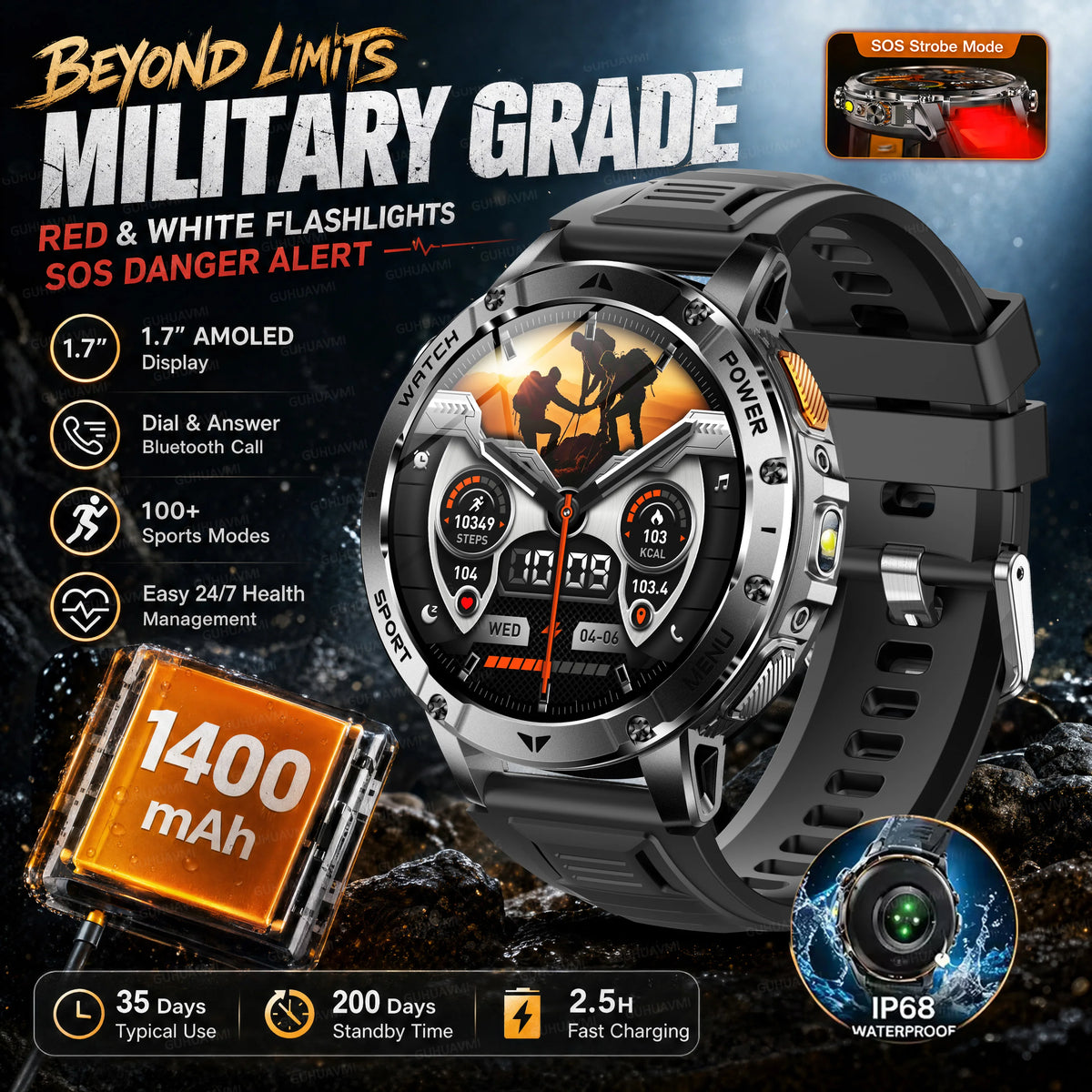Ultra Large 1400mAh Battery Sport Smartwatch 1.7” Heart Rate Tactical Strong Flashlight 5ATM Waterproof Call Smart Watch For Men