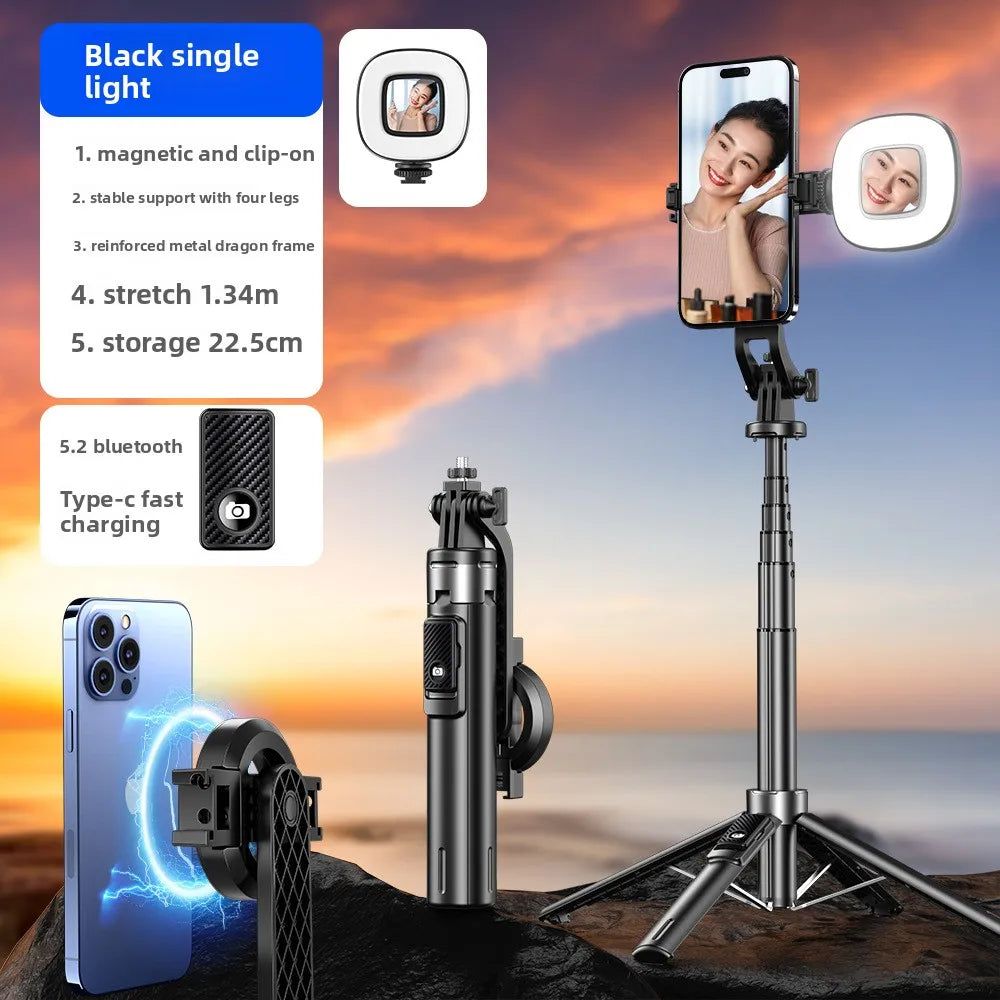 P135 Magnetic Bluetooth Selfie Stick Tripod, Universal Phone Floor Stand with 4-Leg Stable Base, Wireless Remote Photo Shooting,